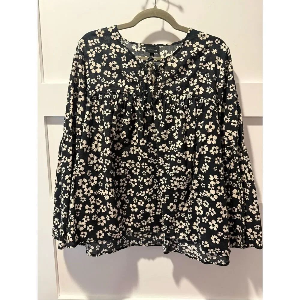 Who What Wear Black Floral Peasant Tunic with Cream Print Boho Cottagecore